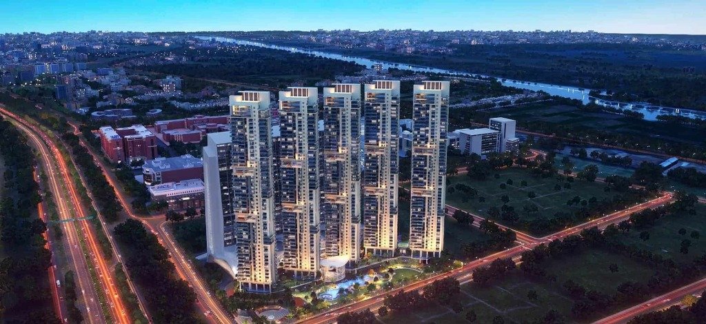 Panoramic illuminated aerial view of ATS Knightsbridge towers, Yamuna expressway and skyline