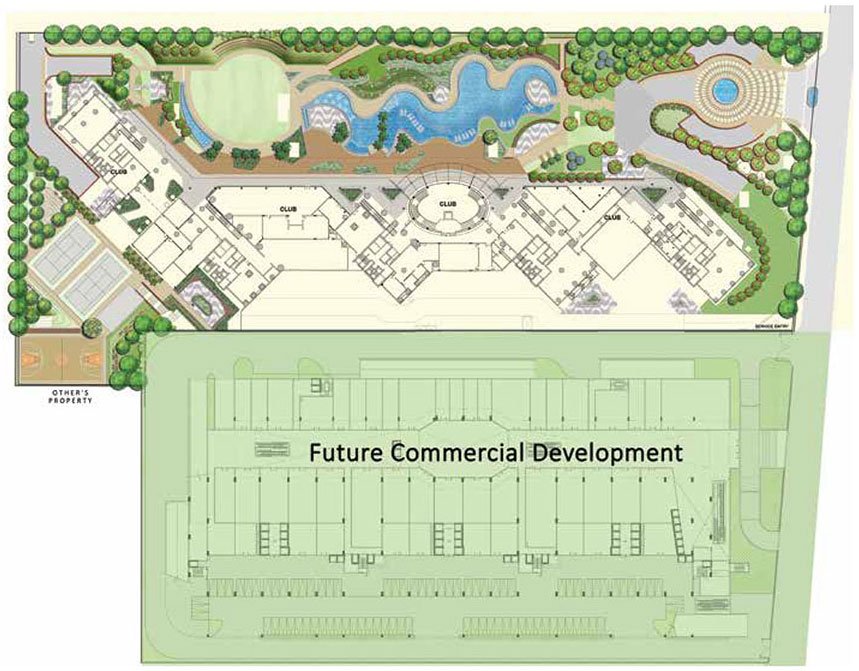 Illustrated master plan of the residential estate with towers, pool and courts